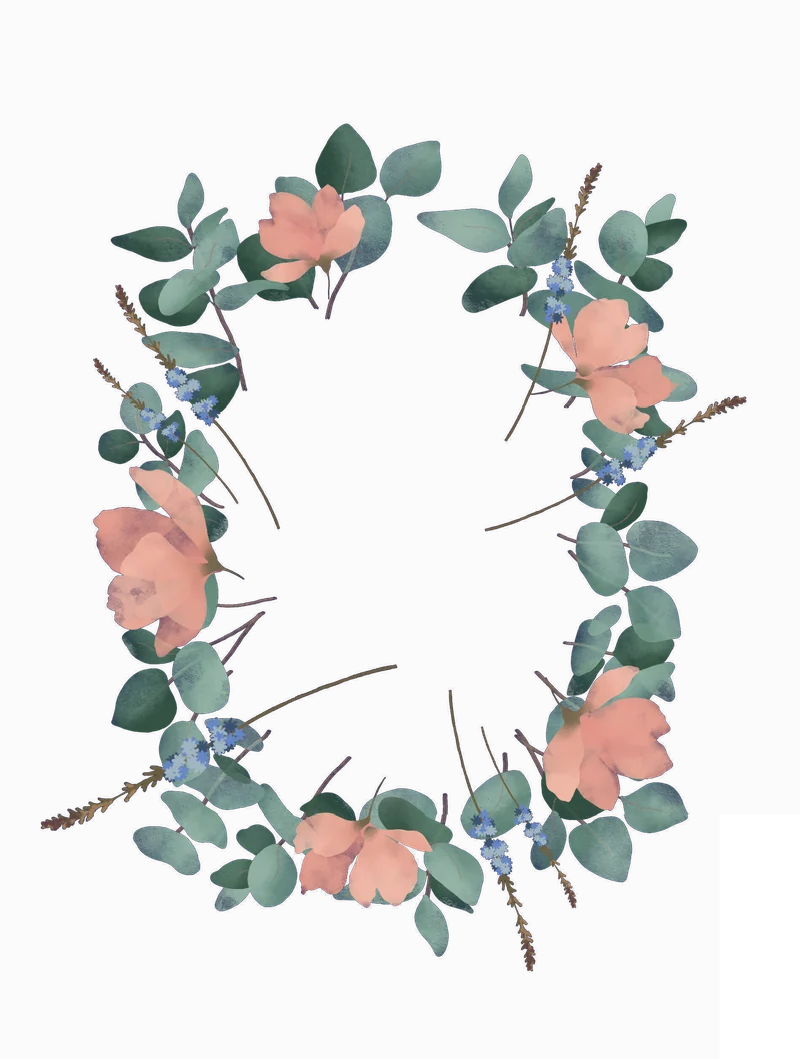 Krans van eucalyptus, zalmroze bloemen en korenbloemen